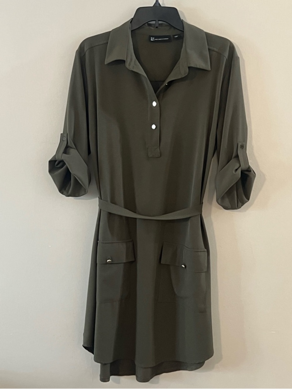 NY&Co Olive Green Shirt Dress XL Button-Front Tie Waist Pockets Work Casual